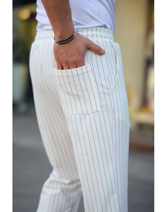 Erkek Cizgili Dokuma Krep Jogger Buggy Pantalon Rahat kalıp - Beyaz