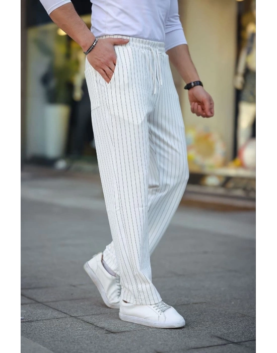 Erkek Cizgili Dokuma Krep Jogger Buggy Pantalon Rahat kalıp - Beyaz