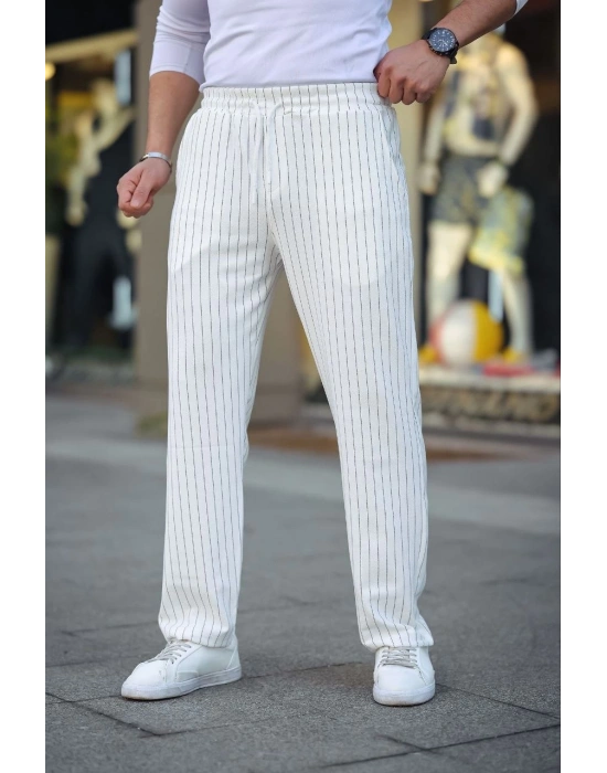 Erkek Cizgili Dokuma Krep Jogger Buggy Pantalon Rahat kalıp - Beyaz