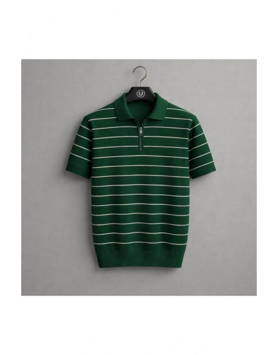 Erkek çizgili yarım fermuar detaylı premium yazlık kısa kollu triko tişört Haki