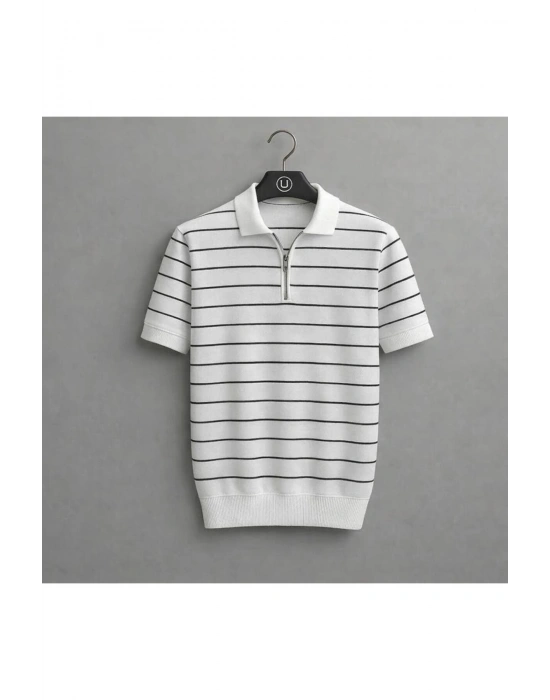 erkek çizgili yarım fermuar detaylı premium yazlık kısa kollu triko tişört