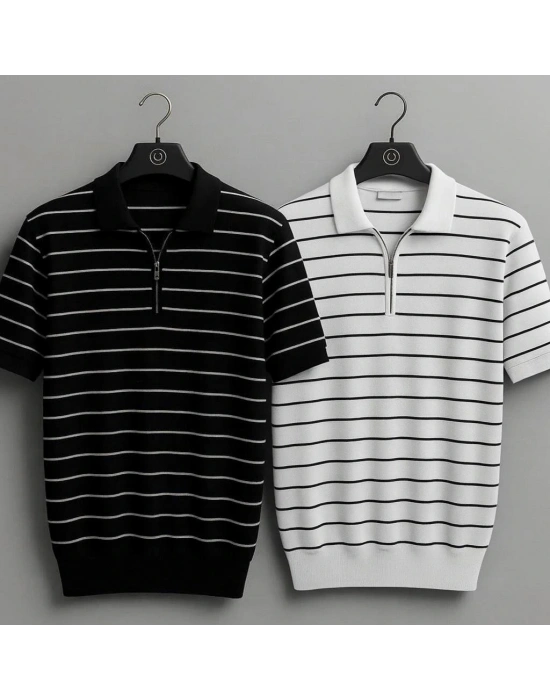 Erkek Çizgili Yarım Fermuarlı Polo Yaka Triko Tişört