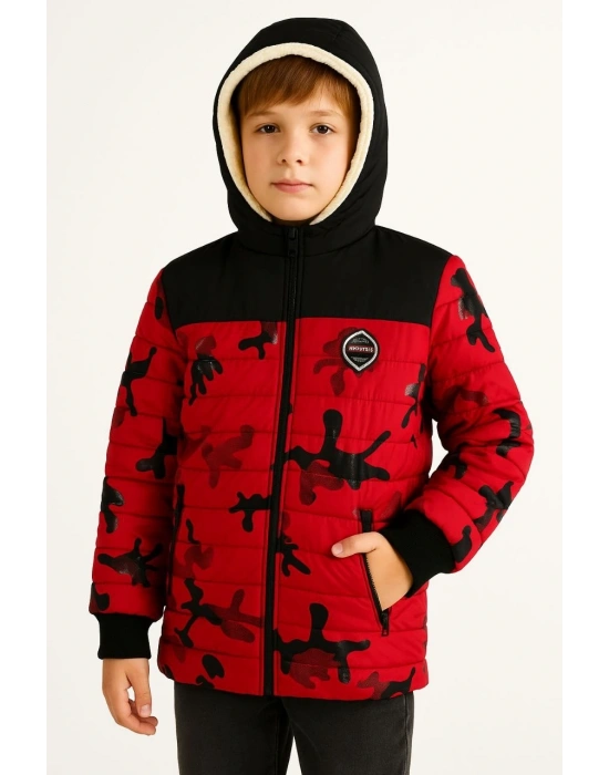 Erkek Çocuk Kamuflaj Desenli Mont İçi Sıcak Tutan Pelüş Astarlı, Kapüşonlu, Fermuarlı Kışlık Su İtici Şişme Mont - Kırmızı