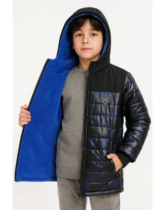 Erkek Çocuk Kamuflaj Desenli Mont İçi Sıcak Tutan Pelüş Astarlı, Kapüşonlu, Fermuarlı Kışlık Su İtici Şişme Mont - Lacivert