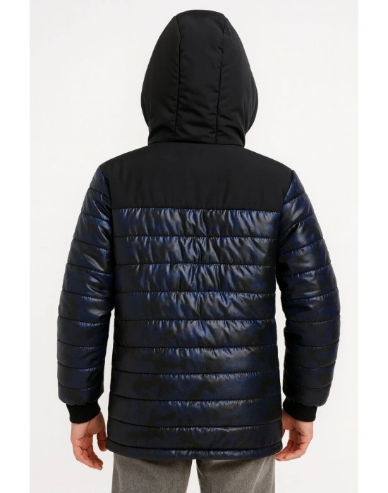 Erkek Çocuk Kamuflaj Desenli Mont İçi Sıcak Tutan Pelüş Astarlı, Kapüşonlu, Fermuarlı Kışlık Su İtici Şişme Mont - Lacivert