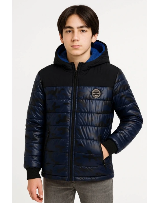 Erkek Çocuk Kamuflaj Desenli Mont İçi Sıcak Tutan Pelüş Astarlı, Kapüşonlu, Fermuarlı Kışlık Su İtici Şişme Mont - Lacivert