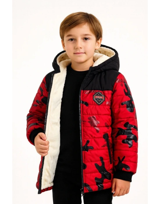Erkek Çocuk Kamuflaj Desenli Mont İçi Sıcak Tutan Pelüş Astarlı, Kapüşonlu, Fermuarlı Kışlık Su İtici Şişme Mont - Kırmızı