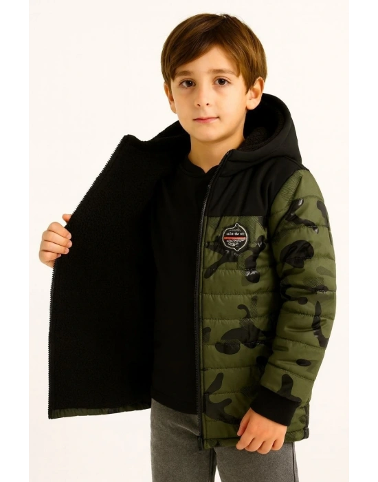 Erkek Çocuk Kamuflaj Desenli Mont İçi Sıcak Tutan Pelüş Astarlı, Kapüşonlu, Fermuarlı Kışlık Su İtici Şişme Mont - Haki