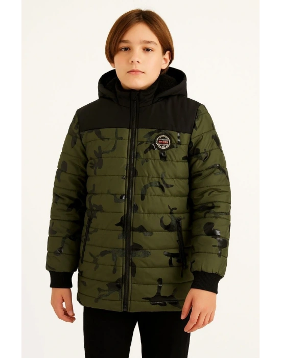 Erkek Çocuk Kamuflaj Desenli Mont İçi Sıcak Tutan Pelüş Astarlı, Kapüşonlu, Fermuarlı Kışlık Su İtici Şişme Mont - Haki