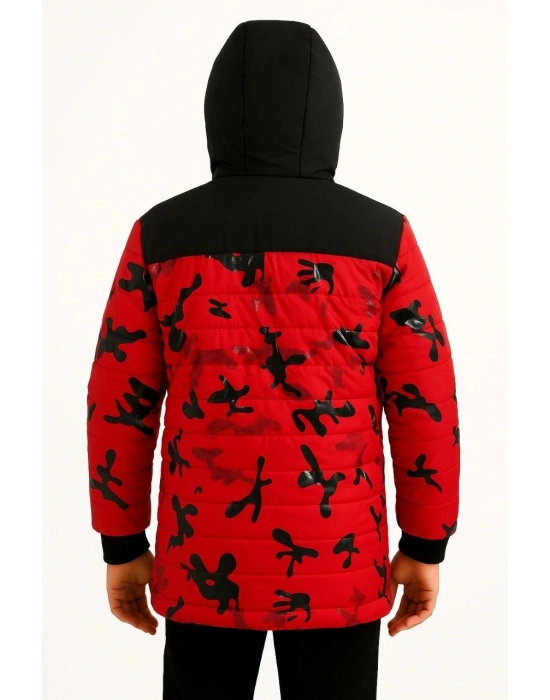 Erkek Çocuk Kamuflaj Desenli Mont İçi Sıcak Tutan Pelüş Astarlı, Kapüşonlu, Fermuarlı Kışlık Su İtici Şişme Mont - Kırmızı