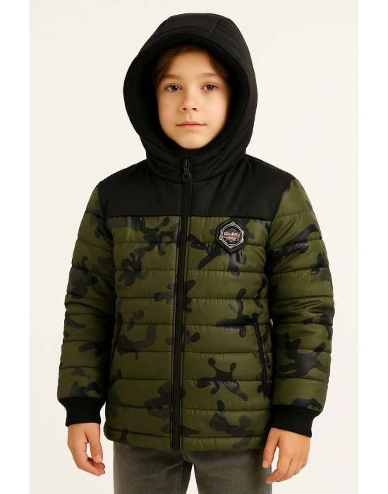 Erkek Çocuk Kamuflaj Desenli Mont İçi Sıcak Tutan Pelüş Astarlı, Kapüşonlu, Fermuarlı Kışlık Su İtici Şişme Mont - Haki