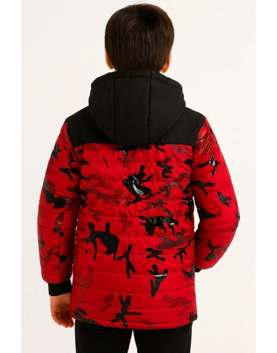 Erkek Çocuk Kamuflaj Desenli Mont İçi Sıcak Tutan Pelüş Astarlı, Kapüşonlu, Fermuarlı Kışlık Su İtici Şişme Mont - Kırmızı