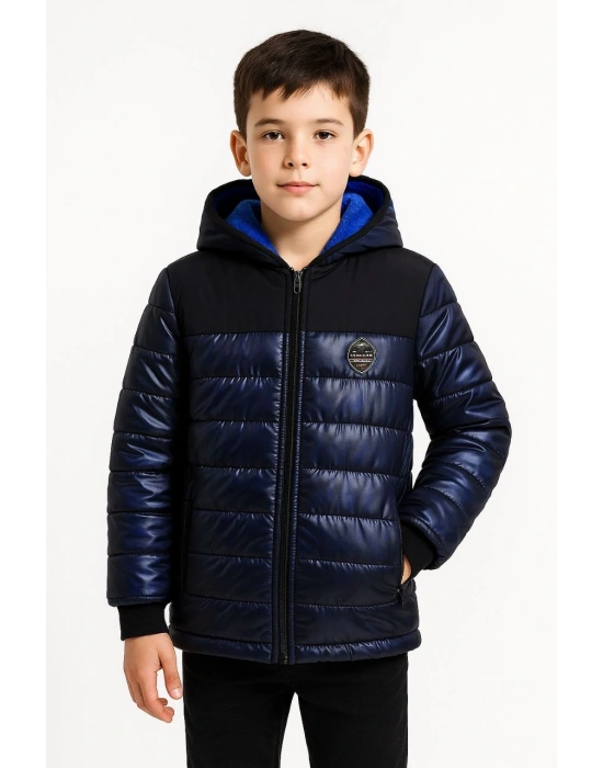 Erkek Çocuk Kamuflaj Desenli Mont İçi Sıcak Tutan Pelüş Astarlı, Kapüşonlu, Fermuarlı Kışlık Su İtici Şişme Mont - Lacivert