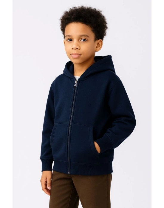 Erkek Çocuk Kapüşonlu Kanguru Çepli Tam Fermuarlı Hırka SweatShirt - Lacivert