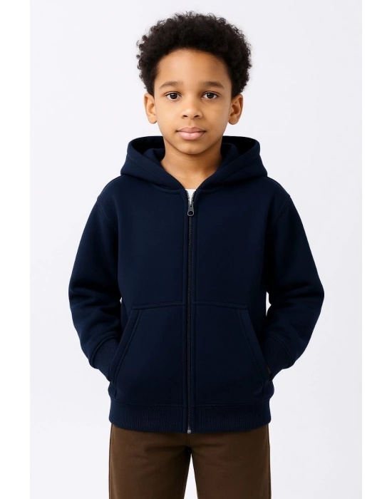 Erkek Çocuk Kapüşonlu Kanguru Çepli Tam Fermuarlı Hırka SweatShirt - Lacivert