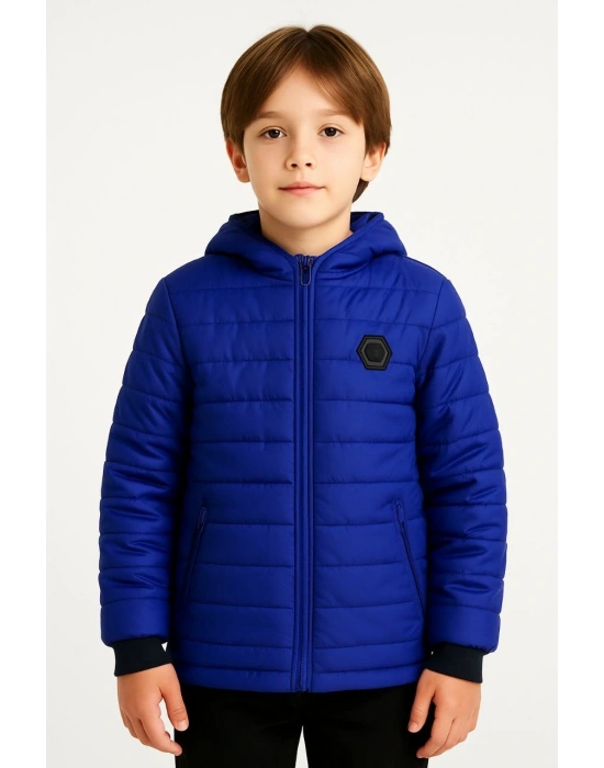 Erkek Çocuk Mont İçi Pelüş kürk Astarlı, Kapüşonlu Fermuarlı Kışlık Şişme Sıcak Tutucu Mont - Saks Mavisi