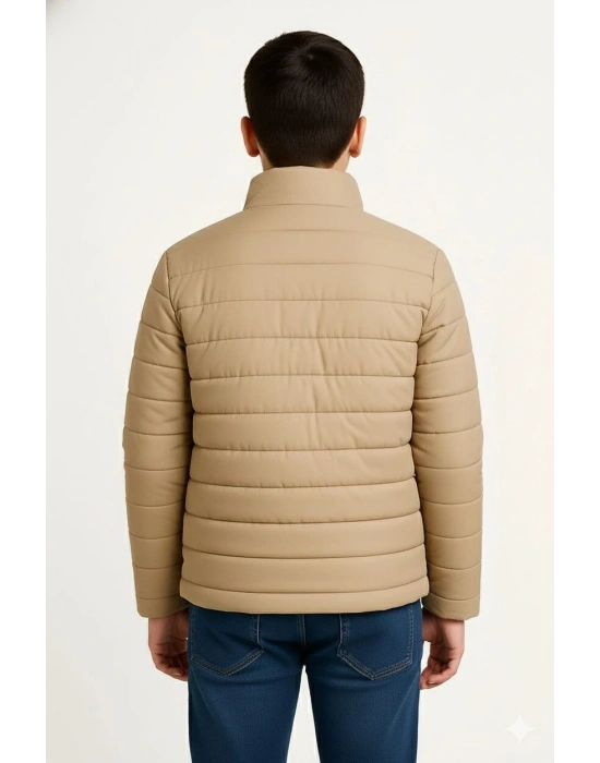 Erkek Çocuk Şişme Mont Hafif ve Sıcak Tutucu Kışlık Fermuarlı Su İtici Rahat Günlük Mont Kapüşonuz Modern Tasarım - Bej