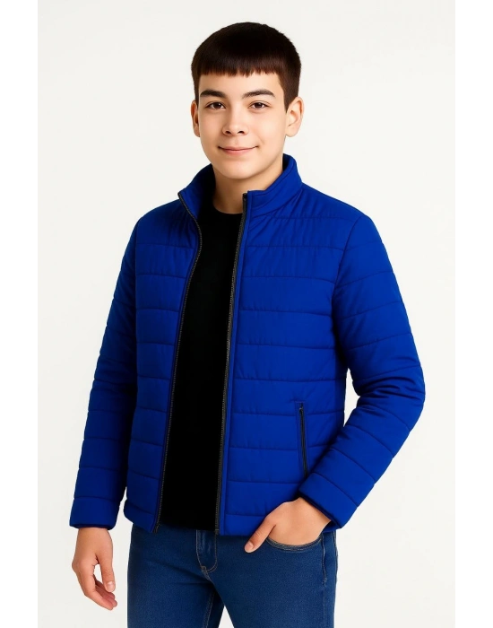 Erkek Çocuk Şişme Mont Hafif ve Sıcak Tutucu Kışlık Fermuarlı Su İtici Rahat Günlük Mont Kapüşonuz Modern Tasarım - Saks Mavisi