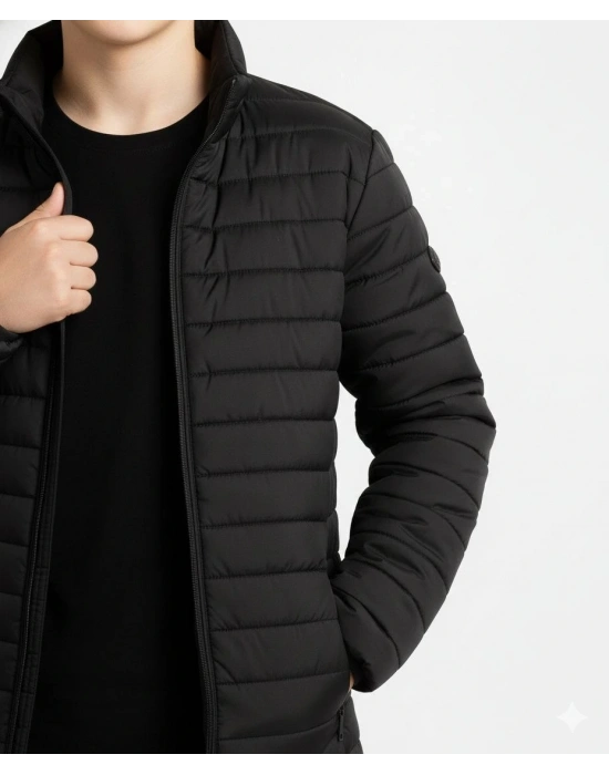 Erkek Çocuk Şişme Mont Hafif ve Sıcak Tutucu Kışlık Fermuarlı Su İtici Rahat Günlük Mont Kapüşonuz Modern Tasarım - Siyah