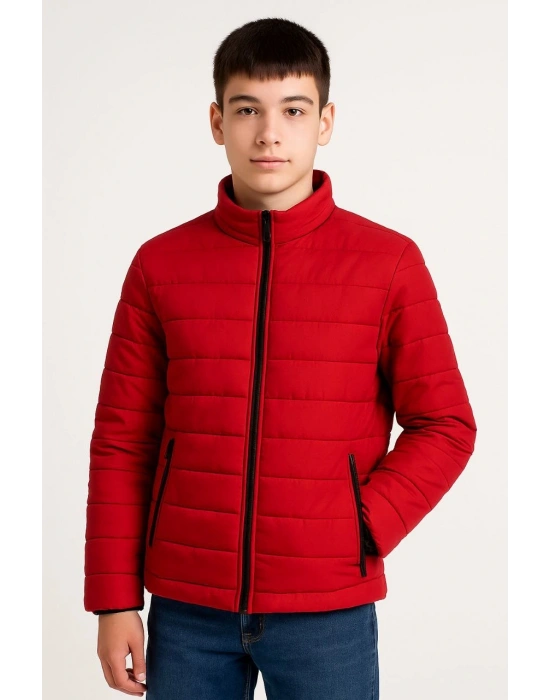 Erkek Çocuk Şişme Mont Hafif ve Sıcak Tutucu Kışlık Fermuarlı Su İtici Rahat Günlük Mont Kapüşonuz Modern Tasarım - Kırmızı