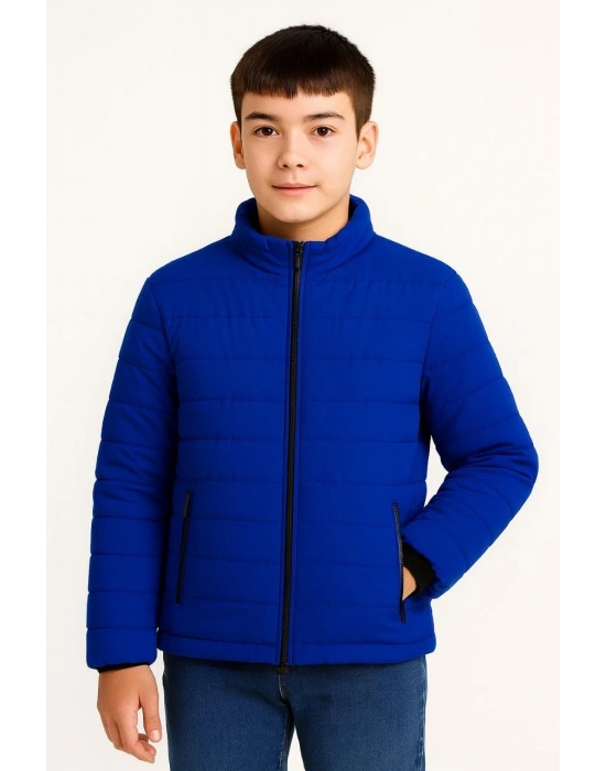 Erkek Çocuk Şişme Mont Hafif ve Sıcak Tutucu Kışlık Fermuarlı Su İtici Rahat Günlük Mont Kapüşonuz Modern Tasarım - Saks Mavisi