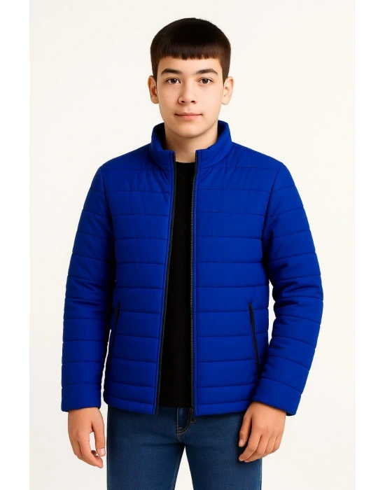 Erkek Çocuk Şişme Mont Hafif ve Sıcak Tutucu Kışlık Fermuarlı Su İtici Rahat Günlük Mont Kapüşonuz Modern Tasarım - Saks Mavisi