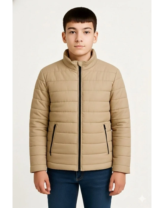 Erkek Çocuk Şişme Mont Hafif ve Sıcak Tutucu Kışlık Fermuarlı Su İtici Rahat Günlük Mont Kapüşonuz Modern Tasarım - Bej