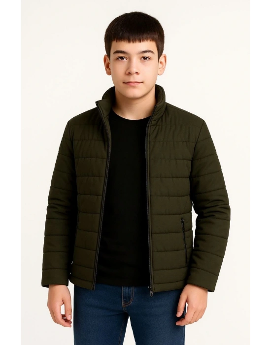 Erkek Çocuk Şişme Mont Hafif ve Sıcak Tutucu Kışlık Fermuarlı Su İtici Rahat Günlük Mont Kapüşonuz Modern Tasarım- Haki