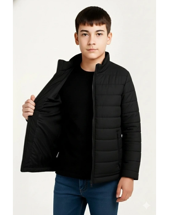 Erkek Çocuk Şişme Mont Hafif ve Sıcak Tutucu Kışlık Fermuarlı Su İtici Rahat Günlük Mont Kapüşonuz Modern Tasarım - Siyah