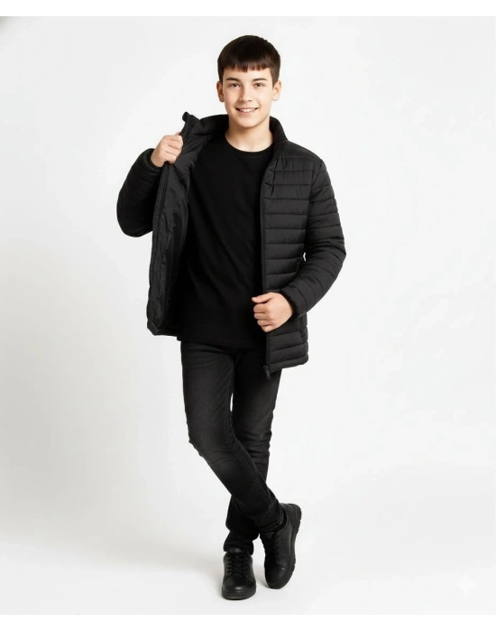 Erkek Çocuk Şişme Mont Hafif ve Sıcak Tutucu Kışlık Fermuarlı Su İtici Rahat Günlük Mont Kapüşonuz Modern Tasarım - Siyah