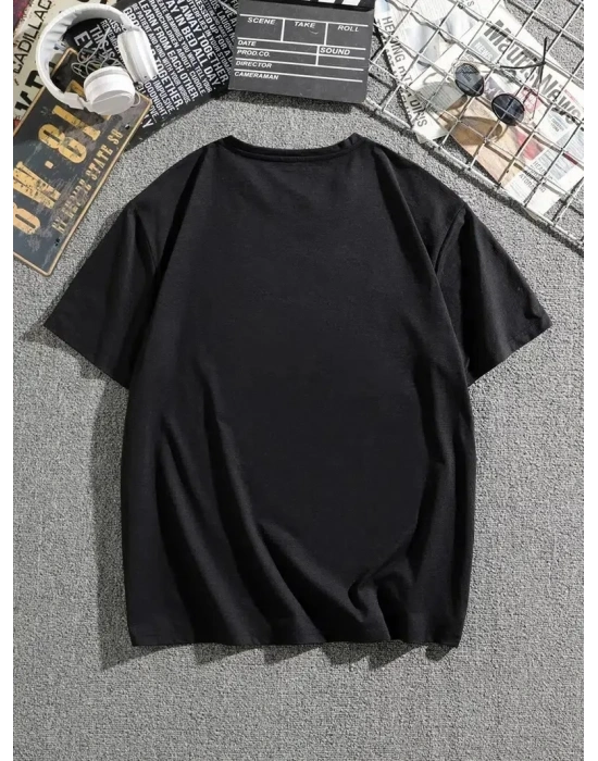 Erkek Dağ Grafikli Tişört, Yaz için Büyük Beden Rahat T-shirt - Siyah