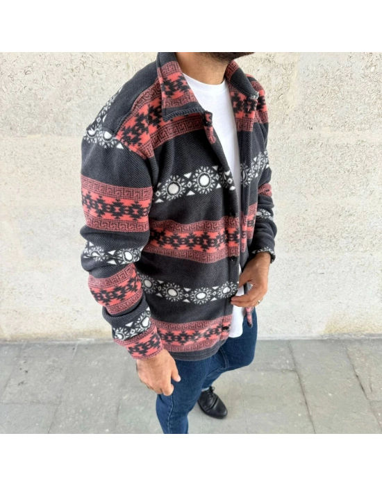 Erkek Desenli Polar Gömlek – Etnik Şerit Desen Yakalı, Uzun Kollu, Düğmeli, Oversize Rahat Kalıp - Füme