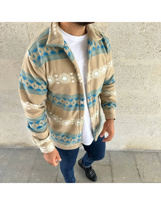 Erkek Desenli Polar Gömlek – Etnik Şerit Desen Yakalı, Uzun Kollu, Düğmeli, Oversize Rahat Kalıp - Sarı