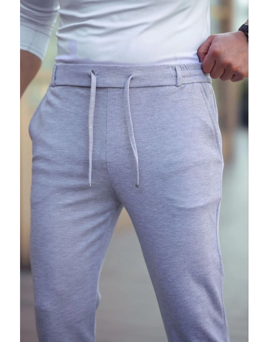 Erkek Diagonel Mikro dokulu Cepli Beli Lastilki Pantolon - Gri