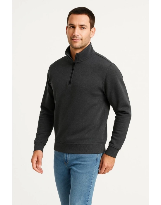 Erkek Dik Yaka Sweatshirt Dik Yaka Yarım Fermuarlı 3 İplik Şardonlu Pamuk Kumaş - Antrasit