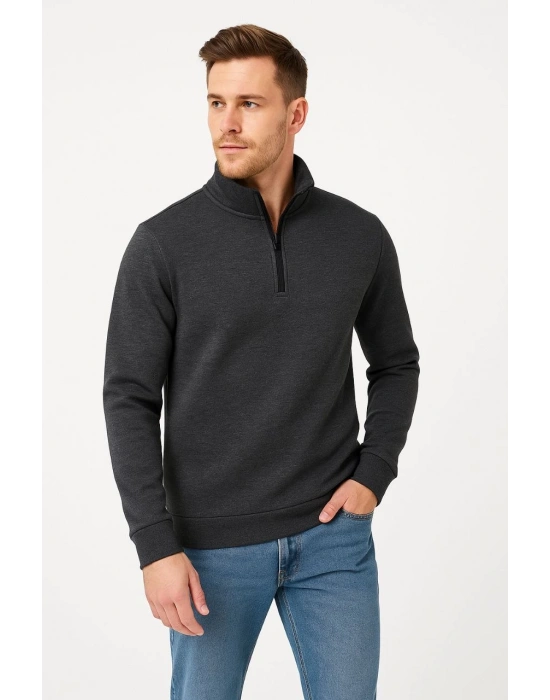 Erkek Dik Yaka Sweatshirt Dik Yaka Yarım Fermuarlı 3 İplik Şardonlu Pamuk Kumaş - Antrasit