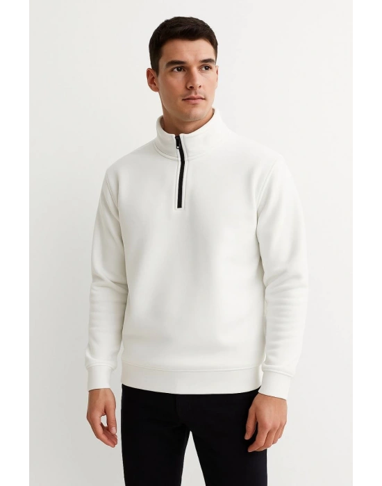 Erkek Dik Yaka Sweatshirt Dik Yaka Yarım Fermuarlı 3 İplik Şardonlu Pamuk Kumaş - Beyaz