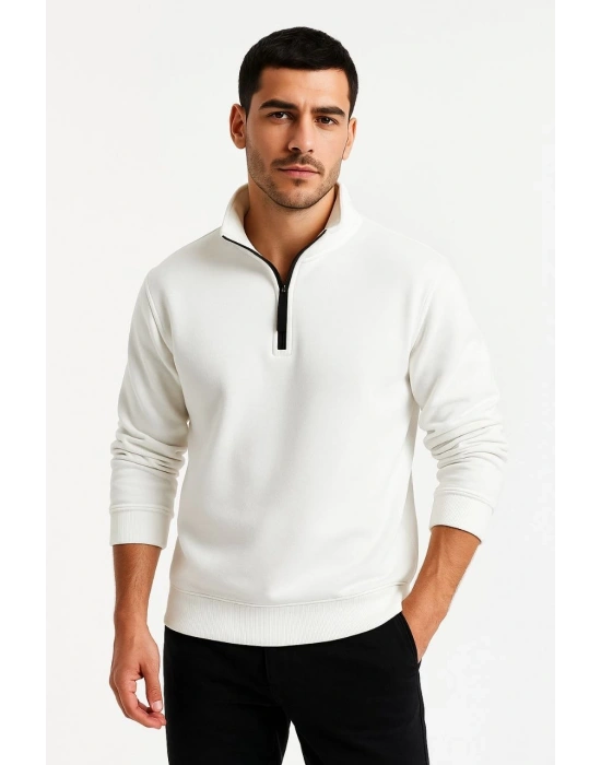 Erkek Dik Yaka Sweatshirt Dik Yaka Yarım Fermuarlı 3 İplik Şardonlu Pamuk Kumaş - Beyaz