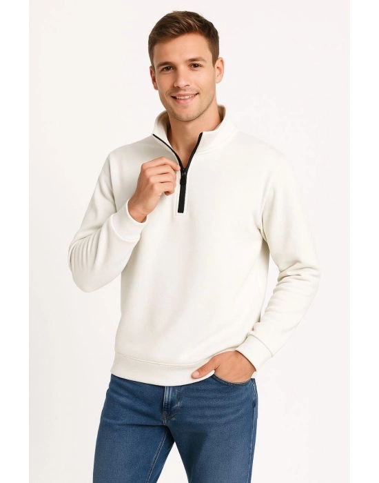 Erkek Dik Yaka Sweatshirt Dik Yaka Yarım Fermuarlı 3 İplik Şardonlu Pamuk Kumaş - Beyaz