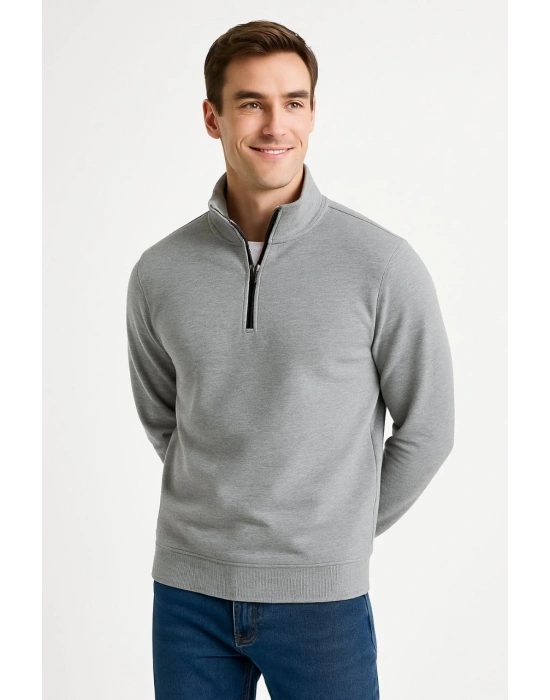 Erkek Dik Yaka Sweatshirt Dik Yaka Yarım Fermuarlı 3 İplik Şardonlu Pamuk Kumaş - Gri