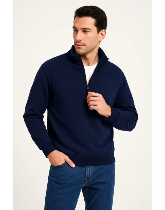 Erkek Dik Yaka Sweatshirt Dik Yaka Yarım Fermuarlı 3 İplik Şardonlu Pamuk Kumaş - Lacivert