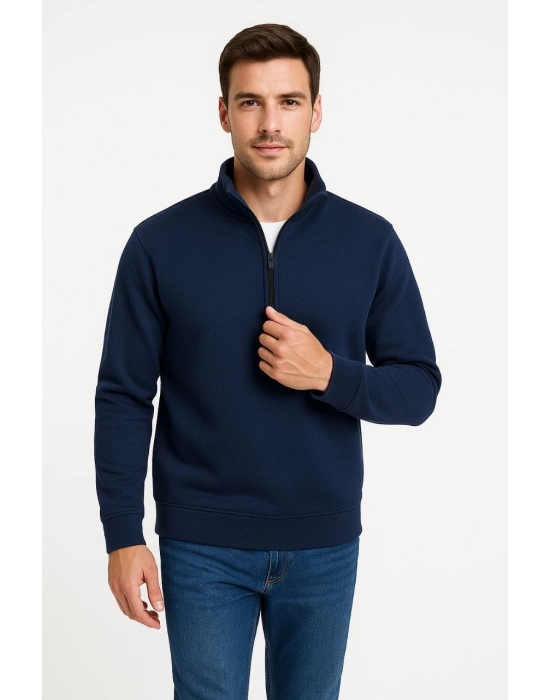 Erkek Dik Yaka Sweatshirt Dik Yaka Yarım Fermuarlı 3 İplik Şardonlu Pamuk Kumaş - Lacivert