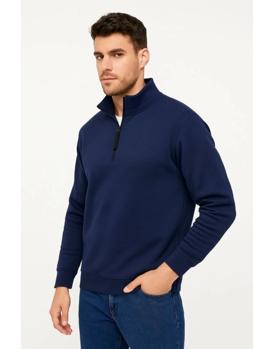 Erkek Dik Yaka Sweatshirt Dik Yaka Yarım Fermuarlı 3 İplik Şardonlu Pamuk Kumaş - Lacivert
