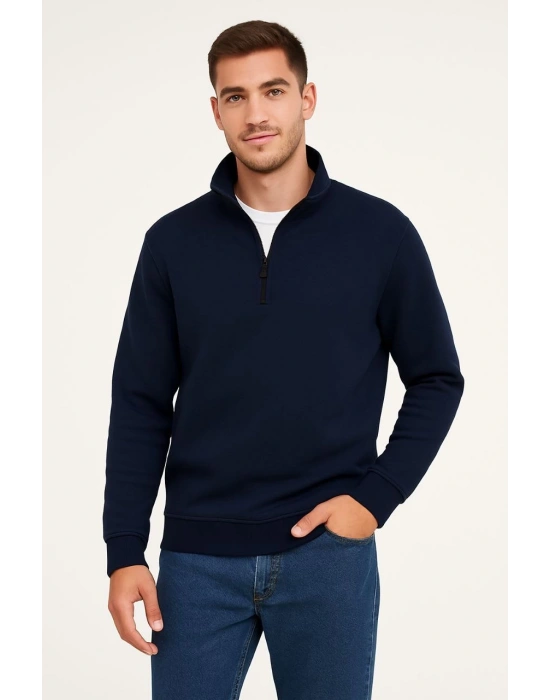 Erkek Dik Yaka Sweatshirt Dik Yaka Yarım Fermuarlı 3 İplik Şardonlu Pamuk Kumaş - Lacivert