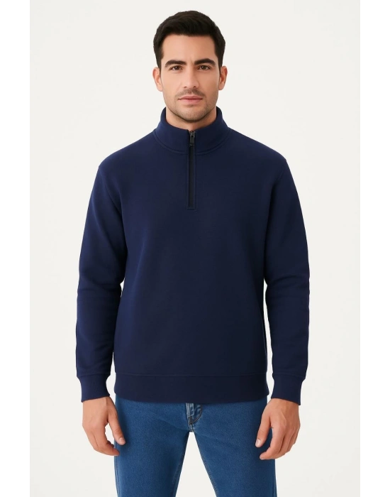 Erkek Dik Yaka Sweatshirt Dik Yaka Yarım Fermuarlı 3 İplik Şardonlu Pamuk Kumaş - Lacivert
