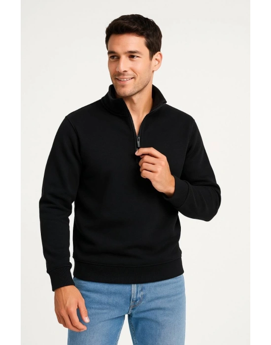 Erkek Dik Yaka Sweatshirt Dik Yaka Yarım Fermuarlı 3 İplik Şardonlu Pamuk Kumaş - Siyah