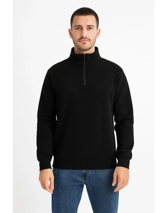 Erkek Dik Yaka Sweatshirt Dik Yaka Yarım Fermuarlı 3 İplik Şardonlu Pamuk Kumaş - Siyah