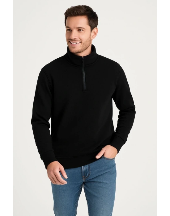 Erkek Dik Yaka Sweatshirt Dik Yaka Yarım Fermuarlı 3 İplik Şardonlu Pamuk Kumaş - Siyah
