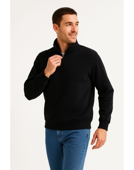 Erkek Dik Yaka Sweatshirt Dik Yaka Yarım Fermuarlı 3 İplik Şardonlu Pamuk Kumaş - Siyah