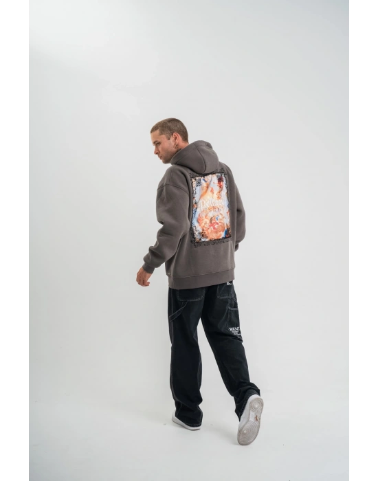 Erkek Double Oversize Kapüşonlu Sweatshirt 3 İplik Pamuklu Göğüs Nakışlı Premium Kalite – Antrasit